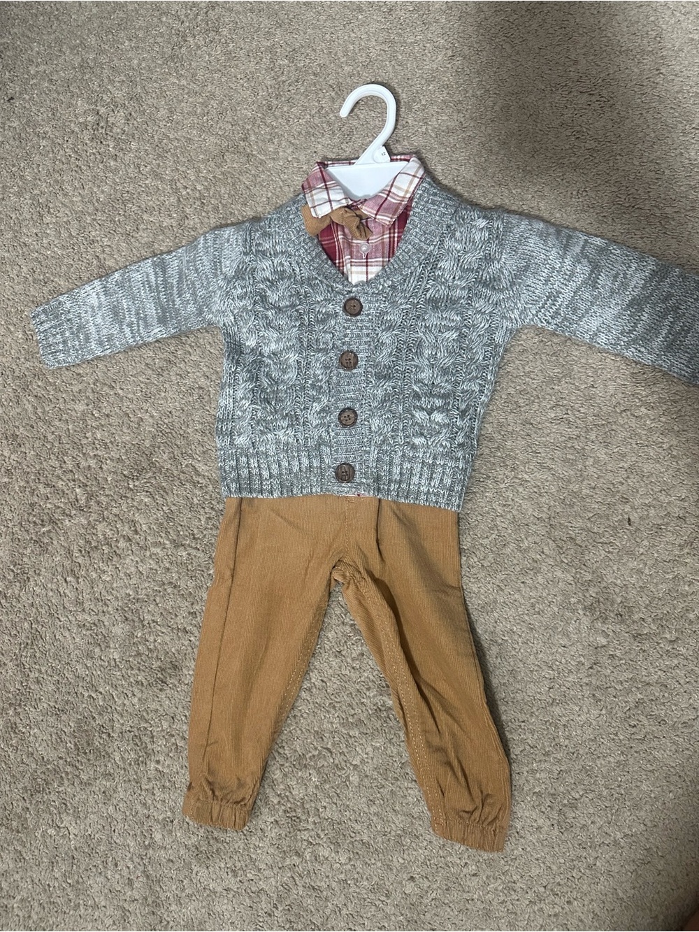 Little LAD 4-Piece Set - Red Plaid & Tan Corduroy with Gray Knit